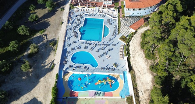Overhead view of pools and water features