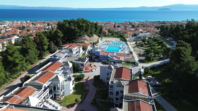 Aerial view across the hotel rooftops