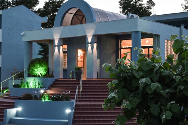 Hotel entrance at dusk