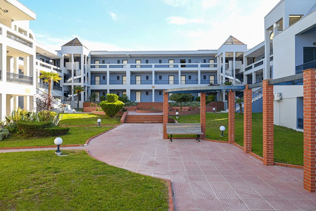 Hotel buildings surrounding the courtyard