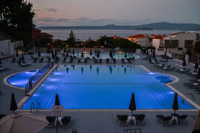 Pool and terrace in evening light